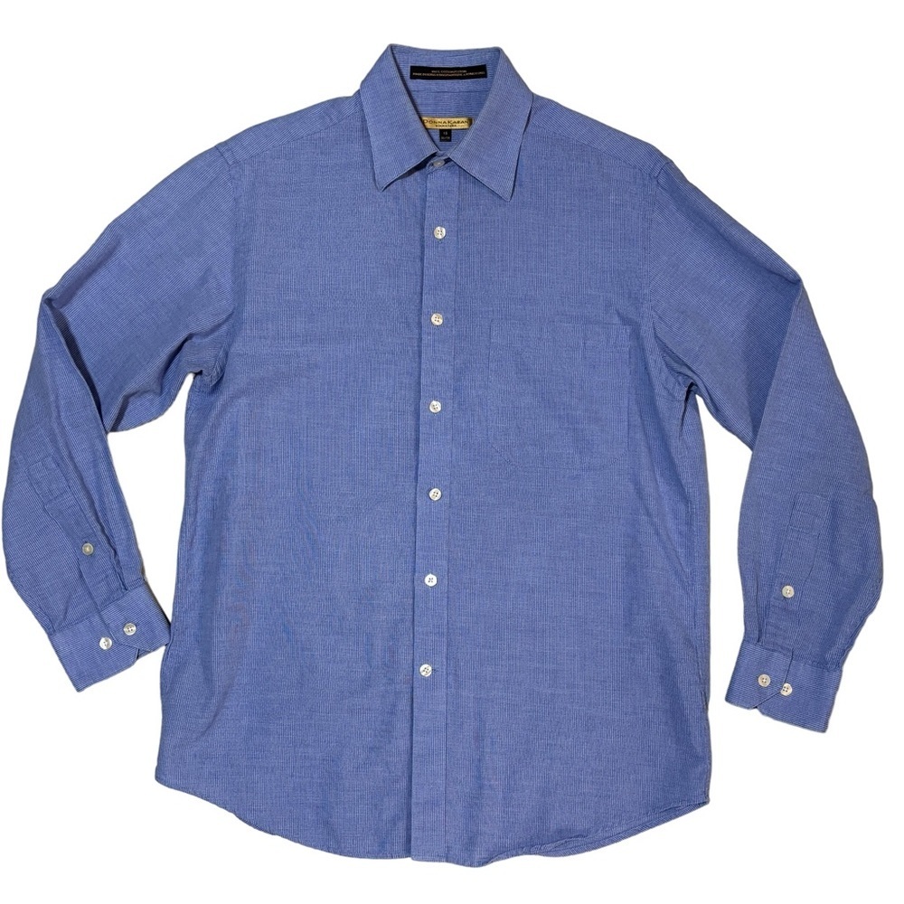 Donna Karan Button Dress Shirt Size 15 32/33 LS Blue Check Made in‎ Hong Kong
